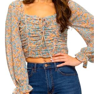 SHE & SKY FLORAL MEDIUM TOP CROP BLOUSE ORANGE BLUE PRINT FESTIVAL